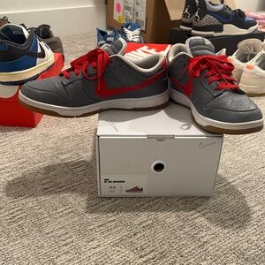 Nike Low Dunks. Size 12.5. Gray and Red color way. Gum bottoms